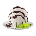 White creamy ice cream scoop with chocolate sauce and fresh green mint on white plate isolated, closeup. Template for restaurant m Royalty Free Stock Photo