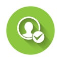 White Create account screen icon isolated with long shadow. Green circle button. Vector Royalty Free Stock Photo