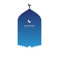 a white crescent moon, mosque and text ramadan kareem with stars in blue dark gradient background template simple and minimalist Royalty Free Stock Photo