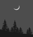 a white crescent moon and trees and hills that look dark