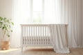White crib with blanket standing in cute baby room. Generative AI Royalty Free Stock Photo