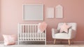 White crib with pink blanket and decorative cushions standing in cute baby room. generative ai Royalty Free Stock Photo