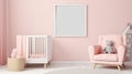 White crib with pink blanket and decorative cushions standing in cute baby room. generative ai