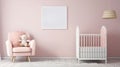 White crib with pink blanket and decorative cushions standing in cute baby room. generative ai Royalty Free Stock Photo