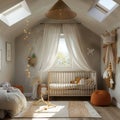 White crib stands under sheer curtains in nursery filled with toys Royalty Free Stock Photo