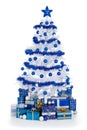 White Cristmas tree with blue decoration Royalty Free Stock Photo