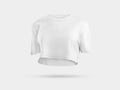 White crop top mockup with round neckline, 3D rendering, front, female t-shirt with label, for design presentation, advertising