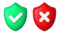 White cross and check mark on red and green shields. Cancel and accept icons. 3d realistic vector design element