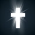 White Cross with glow symbol of christianity. Holy cross on dark background. Symbol of hope and faith. Vector illustration