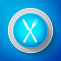 White Crossed fork and knife icon isolated on blue background. Restaurant icon. Circle blue button with white line