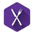 White Crossed fork and knife icon isolated with long shadow. Restaurant icon. Purple hexagon button