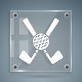 White Crossed golf club with ball icon isolated on grey background. Square glass panels. Vector Royalty Free Stock Photo