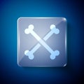 White Crossed human bones icon isolated on blue background. Square glass panels. Vector