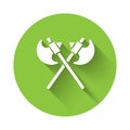 White Crossed medieval axes icon isolated with long shadow. Battle axe, executioner axe. Medieval weapon. Green circle Royalty Free Stock Photo