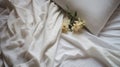 White crumpled bed, light sheet and pillow, abstract background. Generative AI Royalty Free Stock Photo