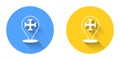 White Crusade icon isolated with long shadow background. Circle button. Vector