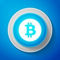White Cryptocurrency coin Bitcoin icon isolated on blue background. Bitcoin for internet money. Digital currency Royalty Free Stock Photo