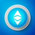 White Cryptocurrency coin Ethereum classic ETC icon isolated on blue background. Digital currency. Altcoin symbol