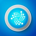 White Cryptocurrency coin IOTA MIOTA icon isolated on blue background. Digital currency. Altcoin symbol. Blockchain Royalty Free Stock Photo