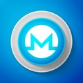 White Cryptocurrency coin Monero XMR icon isolated on blue background. Digital currency. Altcoin symbol. Blockchain