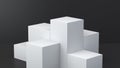 White cube boxes with dark blank wall background for display. 3D rendering. Royalty Free Stock Photo