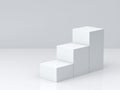 White cube boxes step with white blank wall background for display. 3D rendering. Royalty Free Stock Photo