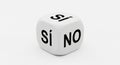 White Cube Dice with Spanish Words Si and NO and a Question Mark Symbol decision choice Royalty Free Stock Photo
