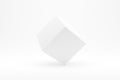 White cube in equilibrium balancing on one corner over white background, stability or accuracy minimal geomertic primitive concept