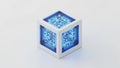 Futuristic glowing blue circuit board inside a white cube on a white background technology Royalty Free Stock Photo