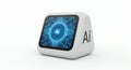White AI Cube Featuring a Glowing Blue Digital Display with Intricate Circuit Patterns on a Clean White Background Representing Royalty Free Stock Photo