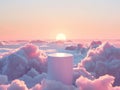 A white cube is in the middle of a cloudy sky with a pink sun Royalty Free Stock Photo