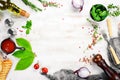 White culinary background with spices, herbs and kitchen utensils. Top view. Rustic style Royalty Free Stock Photo