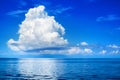 White cumulus clouds in blue sky over sea landscape, big cloud above ocean water panorama, beautiful seascape, cloudy weather Royalty Free Stock Photo