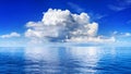 White Cumulus Clouds In Blue Sky Over Sea Landscape, Big Cloud Above Ocean Water Panorama, Horizon, Beautiful Tropical Seascape