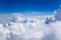 White cumulus clouds on clear blue sky background closeup, overcast skies backdrop, fluffy cloud texture, beautiful cloudscape Royalty Free Stock Photo