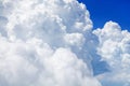 White cumulus clouds on clear blue sky wide panorama, beautiful aerial cloudscape panoramic view, azure skies backdrop Royalty Free Stock Photo