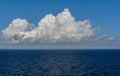 White cumulus clouds in sky over blue Baltic sea water landscape, with vague silhouette of Finland in the horizon Royalty Free Stock Photo