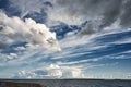 White cumulus clouds in sky over blue sea water landscape, big cloud above ocean panorama, horizon, beautiful tropical sunny Royalty Free Stock Photo