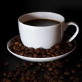 A white cup with black fragrant coffee stands on a black background with coffee zurnes next to colorful french cookies macaroons Royalty Free Stock Photo