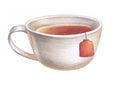 white cup of black tea with tea bag label, illustration with colored pencil in realistic style