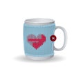 White cup with a blue knitted cover. On the cover design with red heartand a button. Vector winter illustration to Valentine`s Day