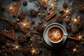 A cappuccino cup with a pattern in the middle of garlands and Christmas decorations and spices. Generative ai Royalty Free Stock Photo