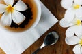 White cup of ceylon tea and yellow exotic flowers Plumeria - flat lay Sri Lanka`s background with wooden old table.