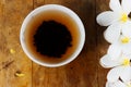 Cup of ceylon tea and exotic flowers Plumeria - flat lay Sri Lanka.