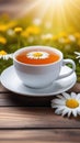 White cup with chamomile tea on a wooden table. There are chamomile flowers nearby. Copy space, place for text, empty Royalty Free Stock Photo