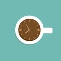 White cup with clock. Coffee time. flat Mug isolated on powder blue background