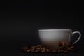 White cup, coffee beans, anise, cinnamon sticks on black background Royalty Free Stock Photo