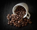 White Cup with coffee beans on dark wooden background close-up