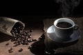 White cup of coffee, coffee beans spilled from de bag on wooden table on  black background Royalty Free Stock Photo