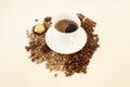 White cup coffee, coffee beans , sweet, copy space. Candid. Royalty Free Stock Photo